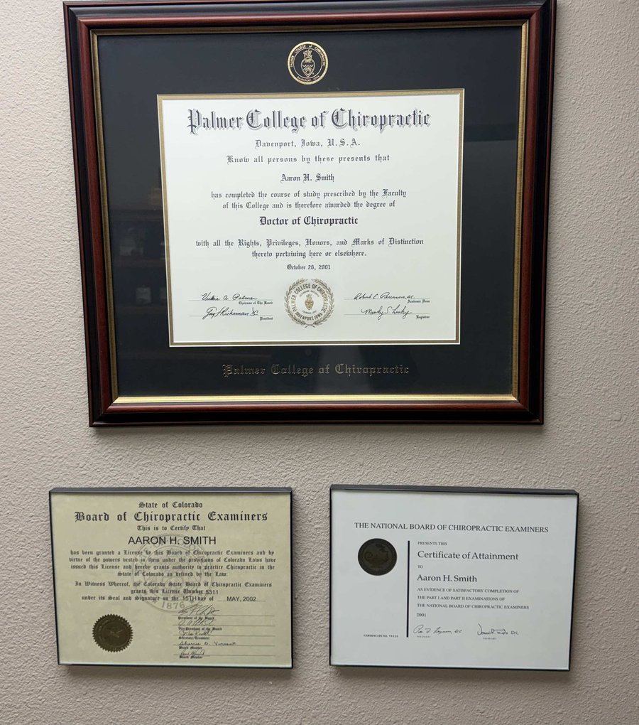 Dr. Aaron Smith's Palmer College Doctor of Chiropractic degree and Colorado state license